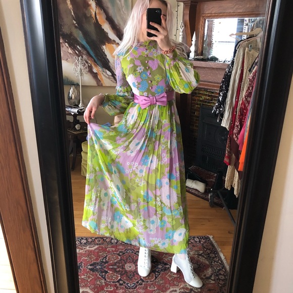 Vintage Dresses & Skirts - SOLD 70’s Style Bright Floral Disco Maxi Dress